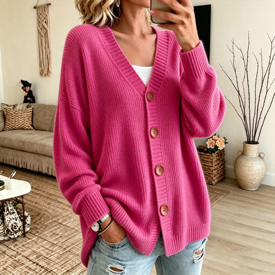 Damen Lockerer Longline-Cardigan mit tiefem V-Ausschnitt und Holzknöpfen EB