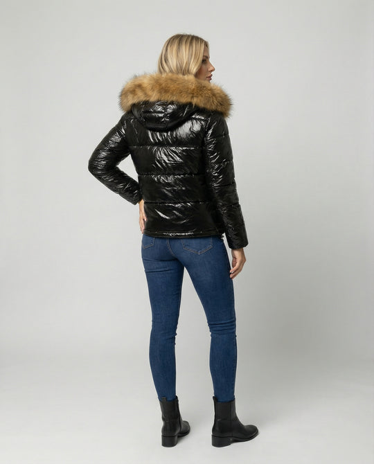Damen Glänzende Winterjacke mit abnehmbarer Kapuze und Kunstfellkragen EB