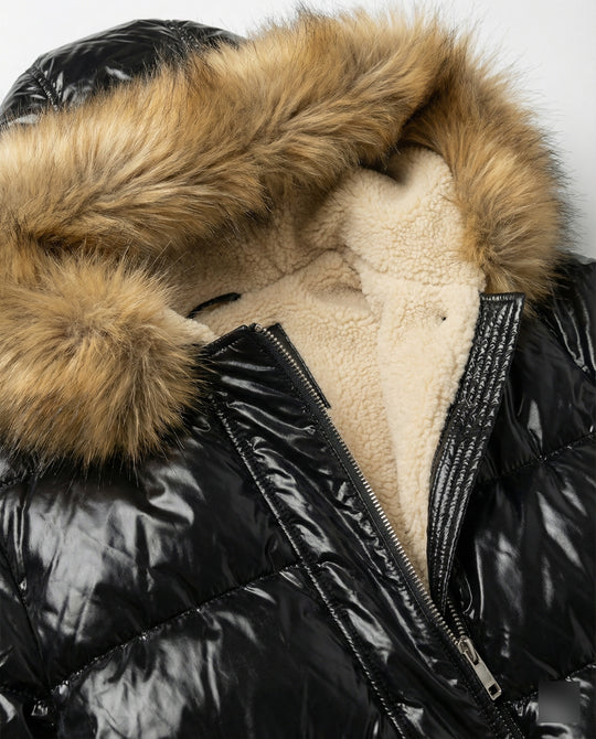 Damen Glänzende Winterjacke mit abnehmbarer Kapuze und Kunstfellkragen EB