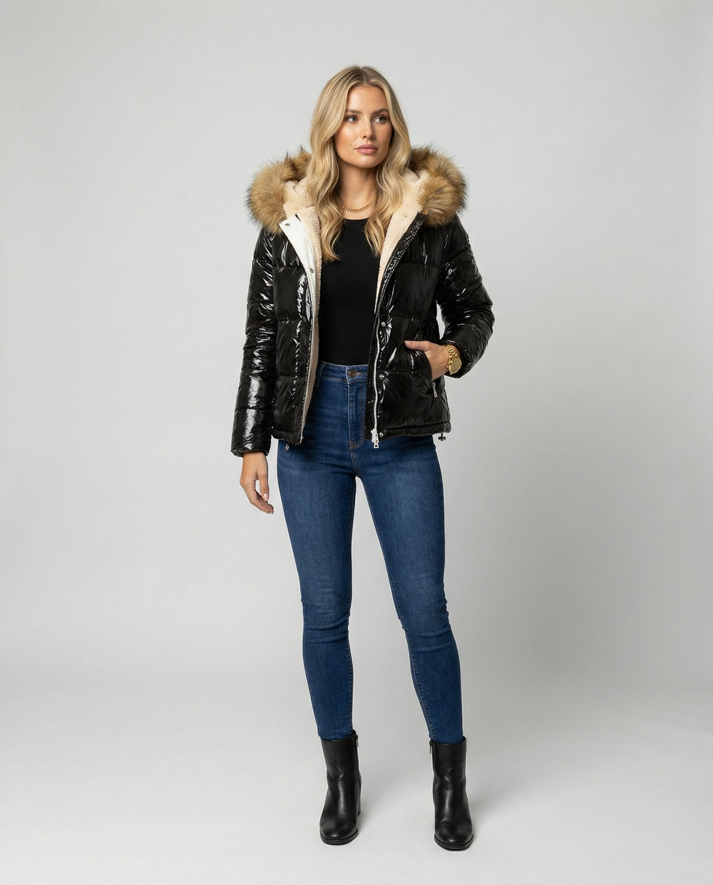 Damen Glänzende Winterjacke mit abnehmbarer Kapuze und Kunstfellkragen EB