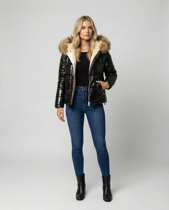 Damen Glänzende Winterjacke mit abnehmbarer Kapuze und Kunstfellkragen EB