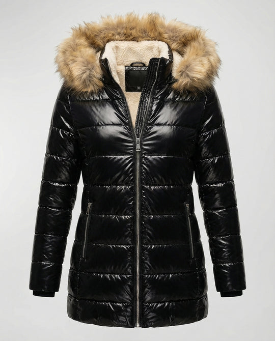 Damen Glänzende Winterjacke mit abnehmbarer Kapuze und Kunstfellkragen EB