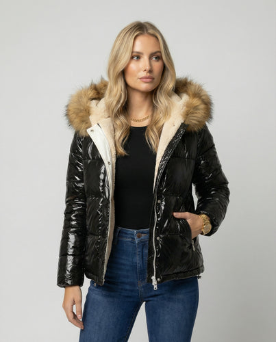 Damen Glänzende Winterjacke mit abnehmbarer Kapuze und Kunstfellkragen EB