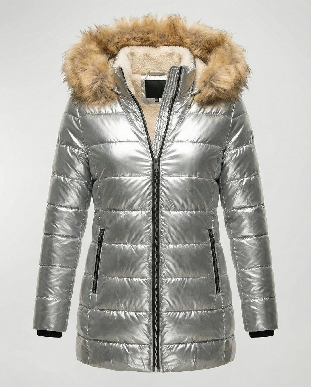 Damen Glänzende Winterjacke mit abnehmbarer Kapuze und Kunstfellkragen EB