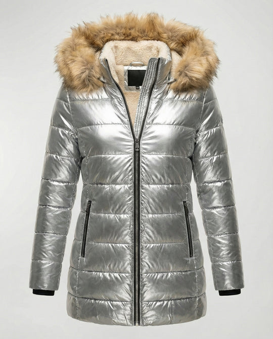 Damen Glänzende Winterjacke mit abnehmbarer Kapuze und Kunstfellkragen EB