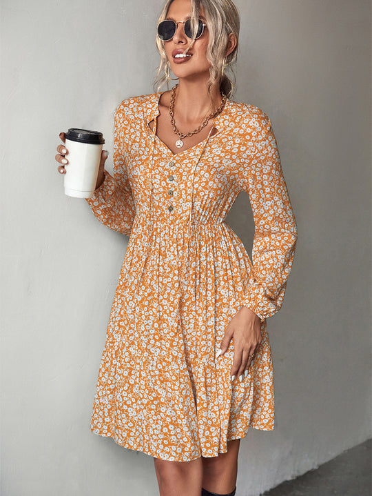 Damen Blümchen Minikleid mit romantischen Rüschendetails und elastischem Bund EB
