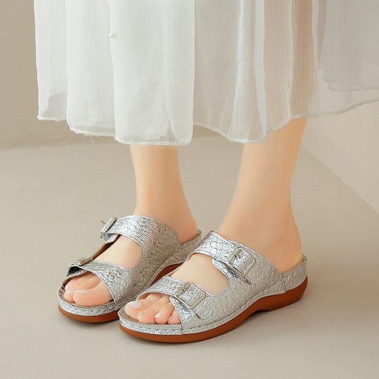 Damen modische Riemchen-Pantoletten mit eleganten Schnallen EB