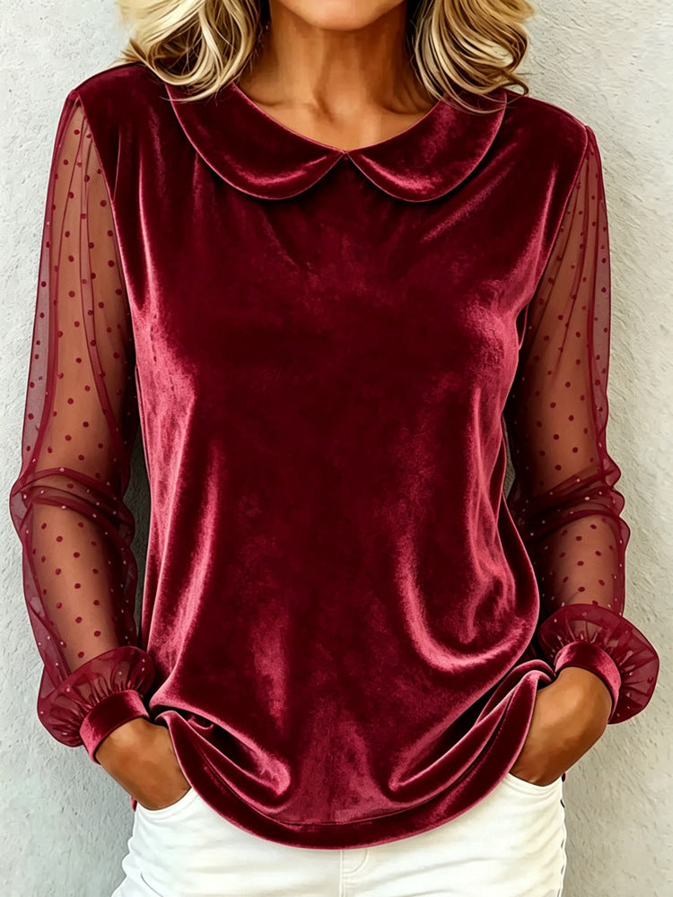 Damen Kuschelige Samtbluse mit Peter-Pan-Kragen und gepunkteten Mesh-Ärmeln EB