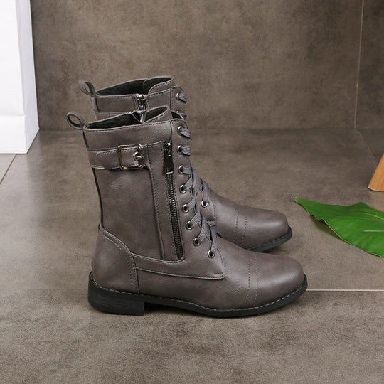 Damen nan knöchelhohe Schnürstiefel aus Lederimitat mit seitlichem Reißverschluss und strapazierfähiger Profilsohle EB
