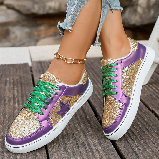 Damen modische Plateausneaker mit Glitzerpanelen, Sternapplikation und gepolsterter Komfortsohle EB