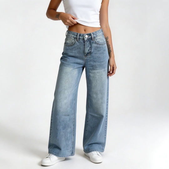 Damen nan hochgeschnittene Palazzo-Jeans mit extra weitem Bein und taillierendem Schnitt EB