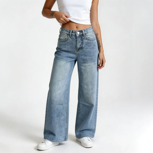 Damen nan hochgeschnittene Palazzo-Jeans mit extra weitem Bein und taillierendem Schnitt EB