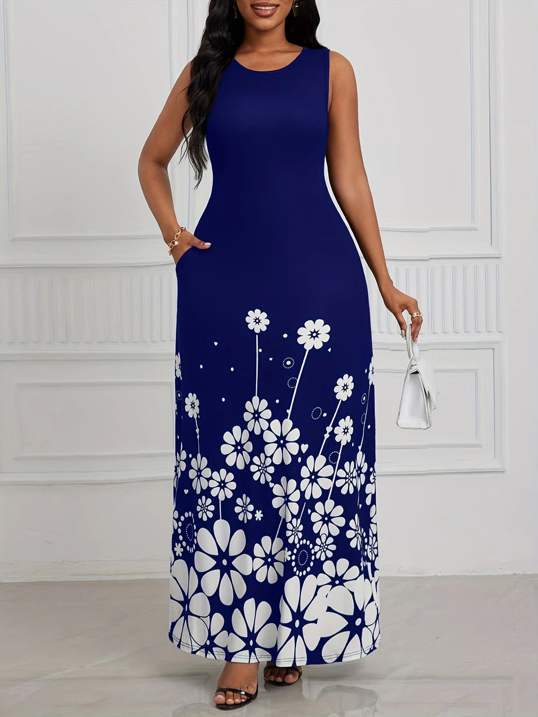 Damen Maxikleid mit floralem Muster und praktischen Seitentaschen EB
