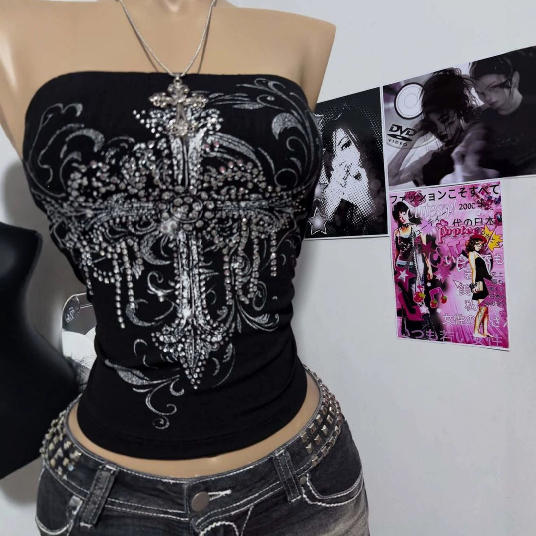 Damen schulterfreies Top mit eleganter Strass-Verzierung EB