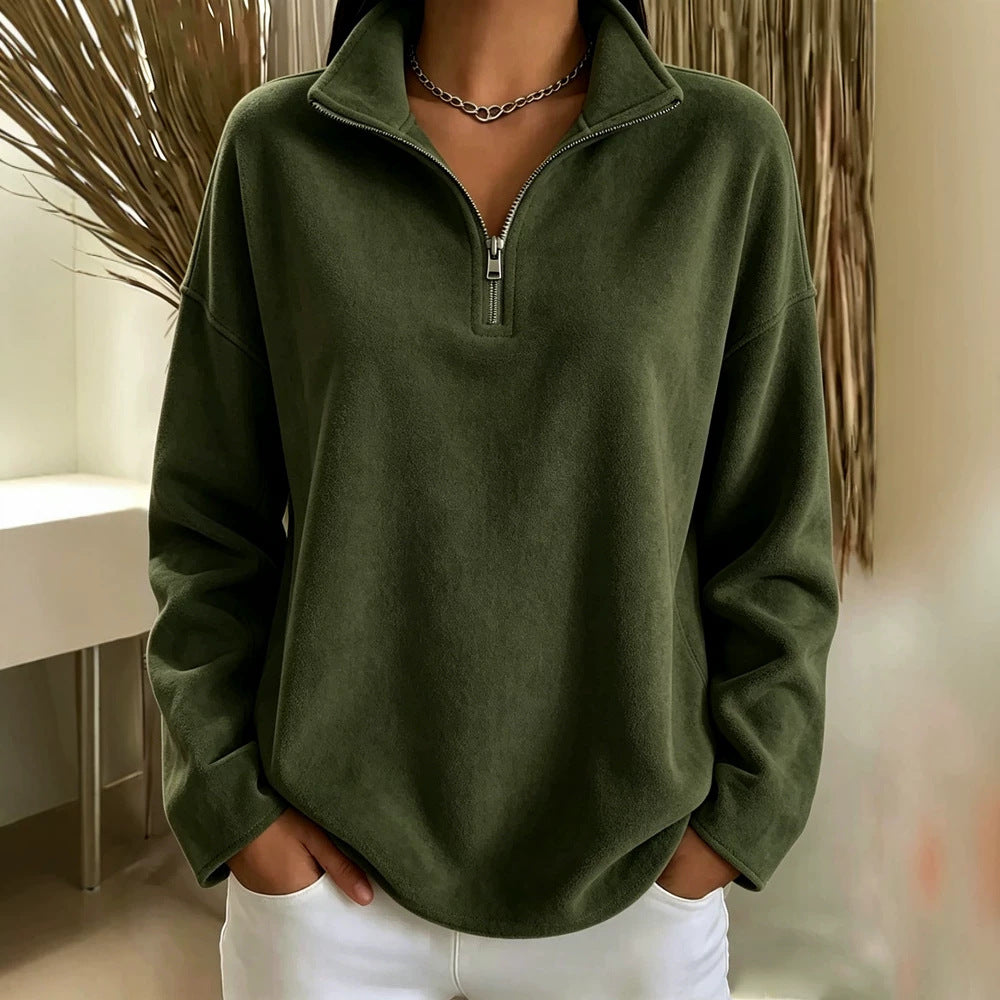 Damen Kuscheliger Oversize-Fleecepullover mit halbem Reißverschluss und Stehkragen EB
