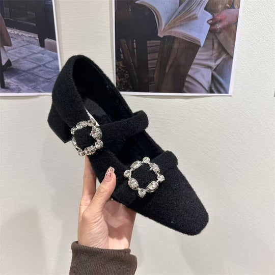 Damen elegante Filz-Mary Jane Schuhe mit schimmernden Schnallen EB