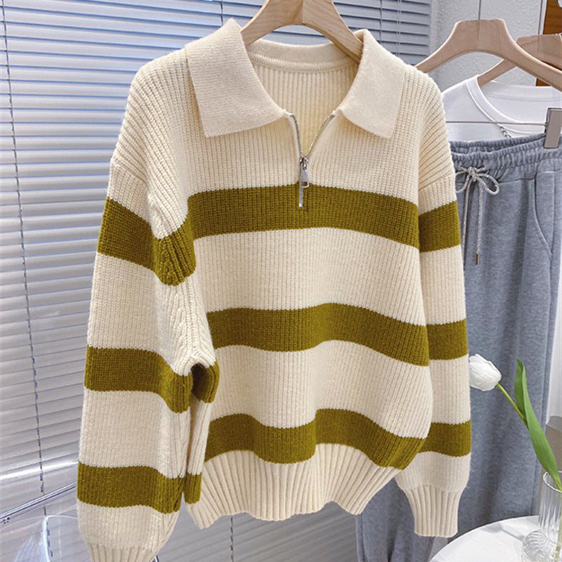 Damen Grob gestrickter Pullover mit modernem Streifenmuster und V-Ausschnitt EB