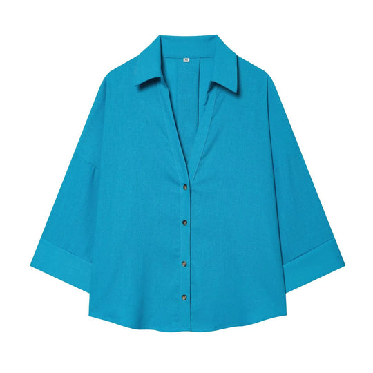 Damen nan lockere oversized Hemdbluse mit weitem Kragen und Dreiviertelärmeln EB