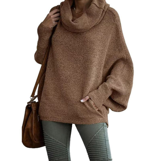 Damen lässiger Strickpullover mit weichem Stehkragen und weit geschnittenen Ärmeln EB