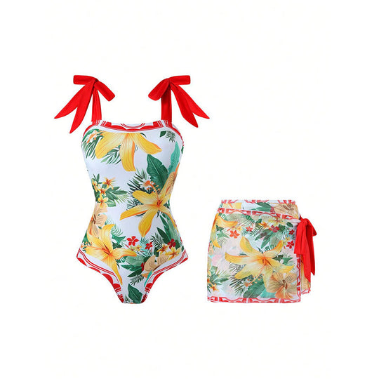 Damen Badeanzug mit abnehmbarer Rüsche und tropischem Blumendesign EB