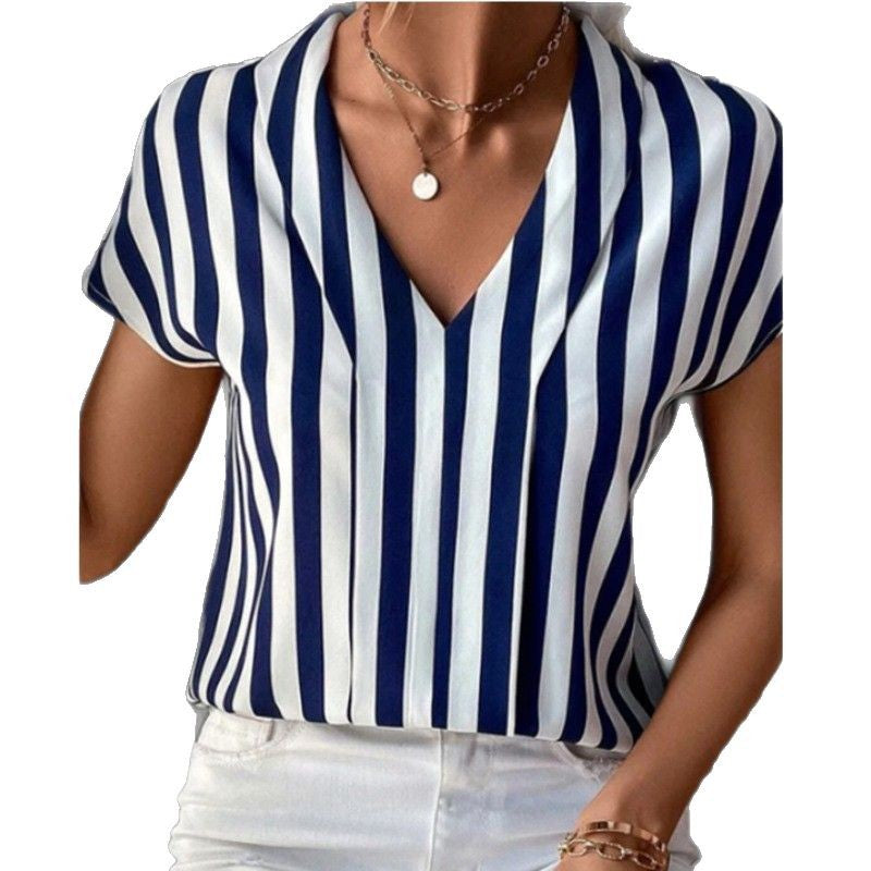 Damen Kurzarmbluse mit elegantem V-Ausschnitt und maritimem Streifenmuster Heidi-Mode