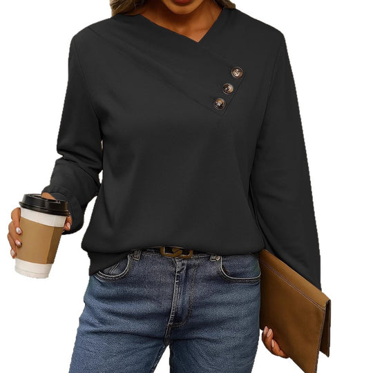 Damen Asymmetrische V-Ausschnitt Bluse mit Zierknopfleiste und Langarm EB
