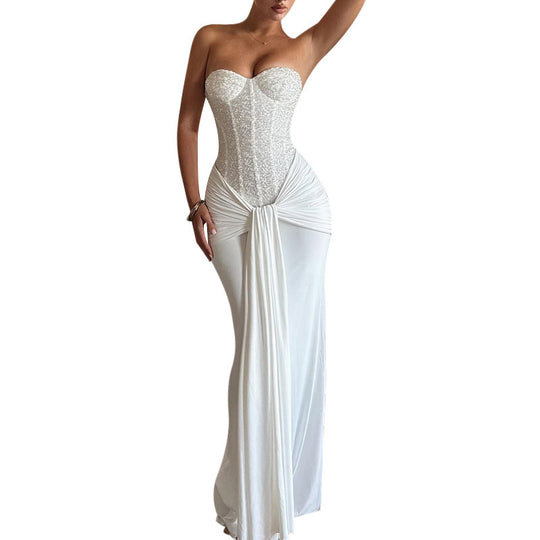 Damen schickes Maxikleid mit elegantem Bustier-Oberteil und gerafftem Rock EB