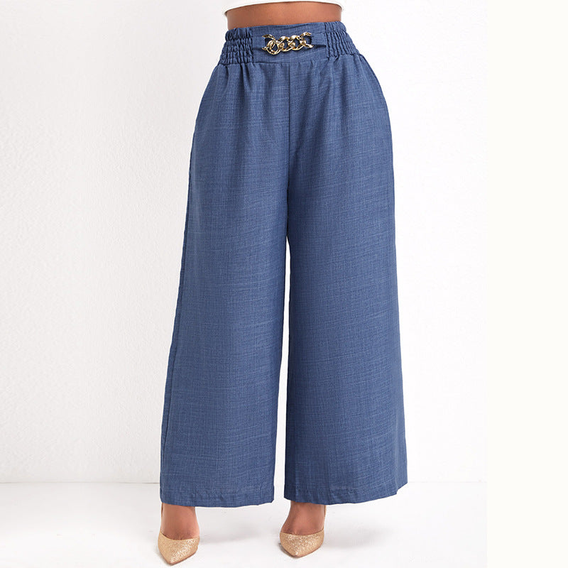 Damen Elegante Weitbein-Hose mit elastischem Bund und goldener Kette EB