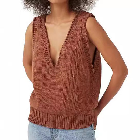 Damen Stricktop mit tiefem V-Ausschnitt und strukturiertem Abschluss EB