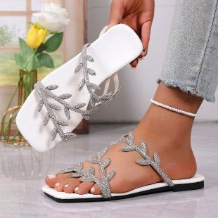 Damen dekorative Zehentrenner-Sandalen mit funkelndem Blattmuster EB