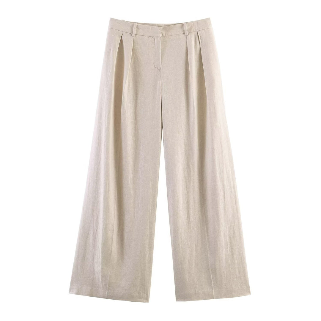 Damen Weite Leinenhose mit eleganten Falten und hohem Bund EB