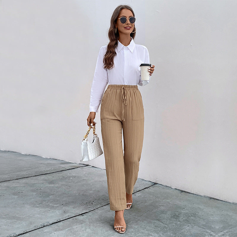 Damen lässige High-Waist-Hose mit elastischem Bund und praktischen Taschen EB