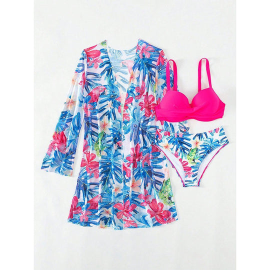 Damen bikini set mit floralem Überwurf und glamourösen Details EB