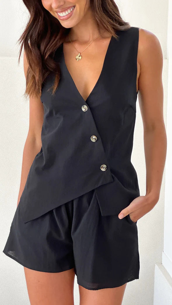 Damen lässiges Sommer-Outfit mit V-Ausschnitt und asymmetrischem Schnitt EB