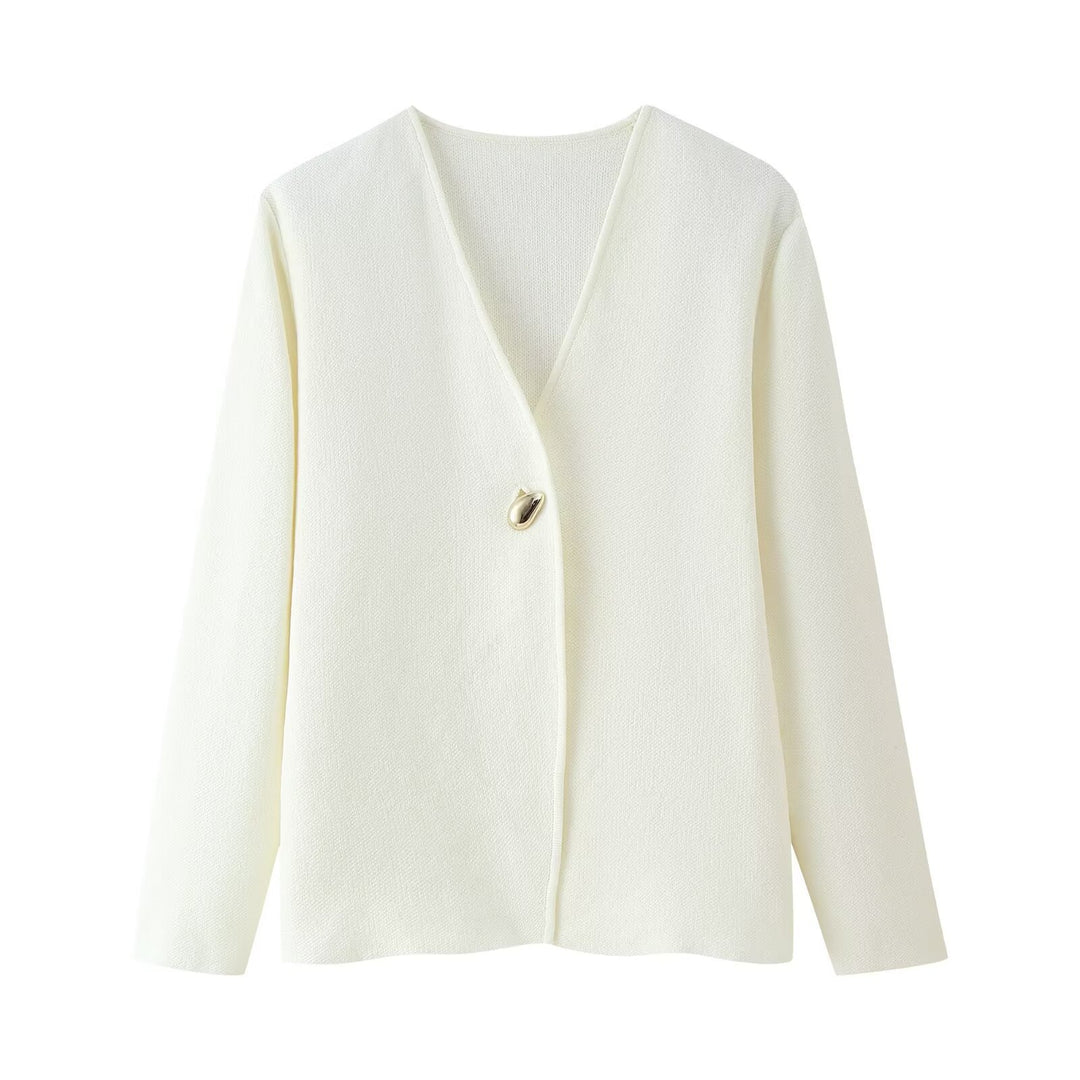 Damen elegante Jacke mit V-Ausschnitt und klassischem Knopf EB