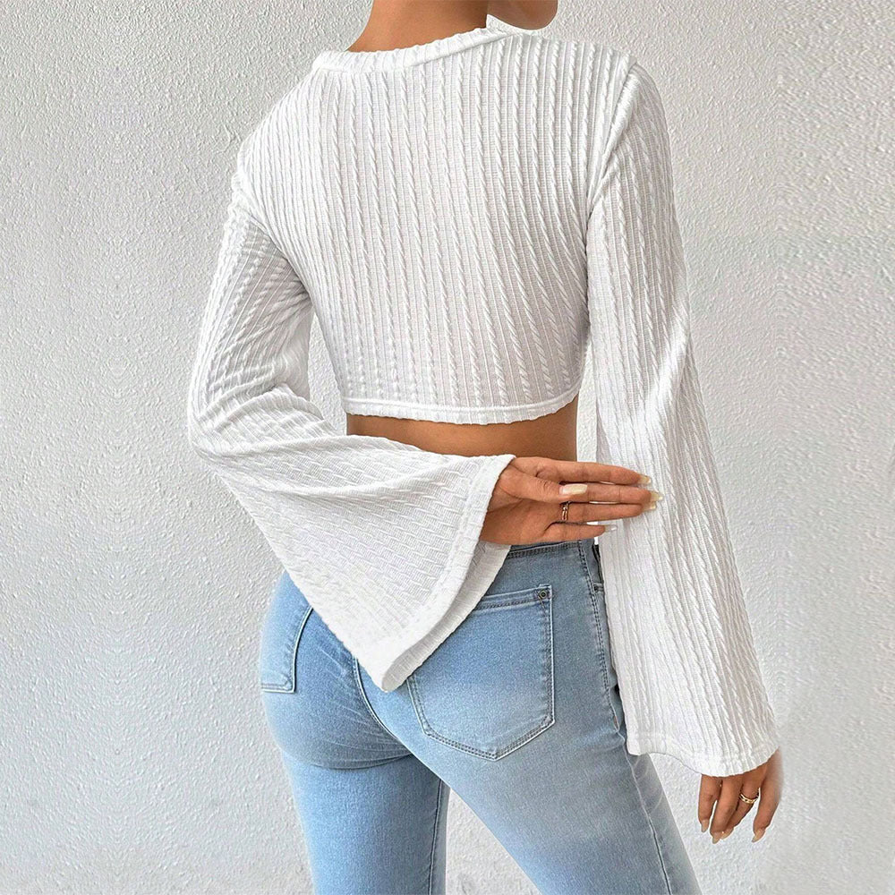 Damen gehäkeltes Spitzen-Crop-Top mit ausgestellten Trompetenärmeln und Häkelfransen Eichborn Berlin