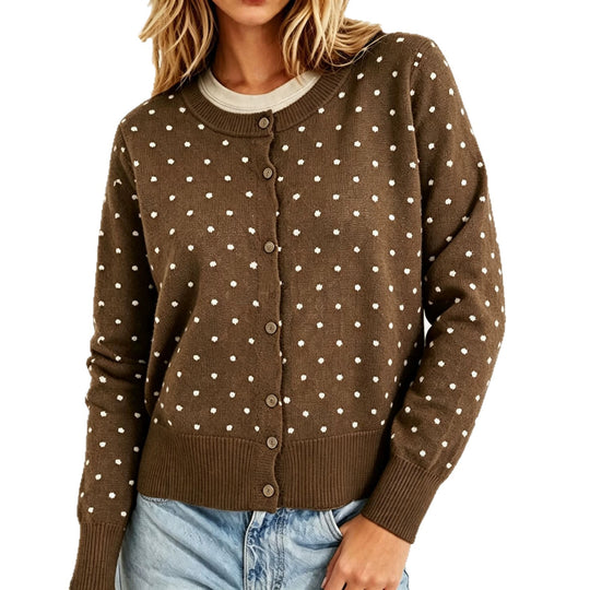 Damen Gepunktete Feinstrick-Cardigan mit Rundhals und Rippbündchen EB