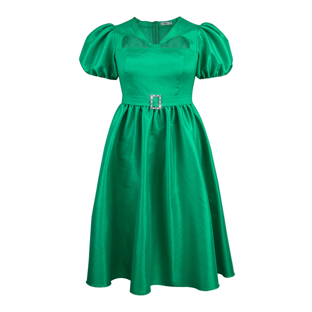 Damen Elegantes Midikleid mit Puffärmeln und diamantbesetztem Gürtel EB