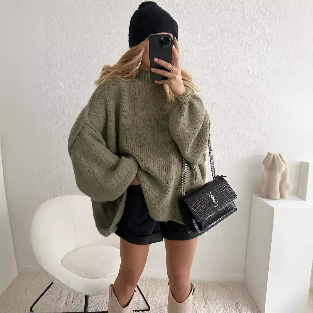 Damen kuscheliger Oversize-Pullover mit weiten Ärmeln und strukturiertem Strick EB