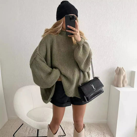 Damen kuscheliger Oversize-Pullover mit weiten Ärmeln und strukturiertem Strick EB