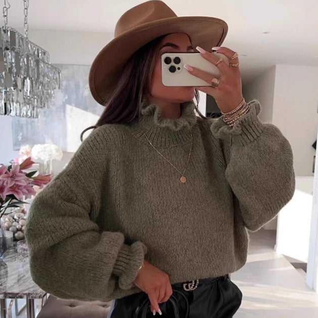 Damen kuscheliger Rollkragenpullover mit weiten Ärmeln und strukturellem Design EB