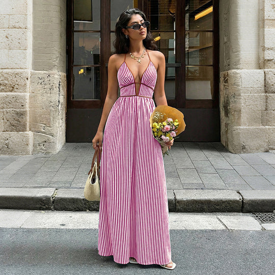 Damen Maxi-Kleid mit tiefem V-Ausschnitt und raffiniertem Streifenmuster EB