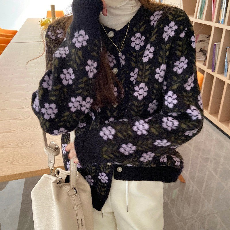 Damen Strickjacke mit floralen Muster und Knöpfen EB