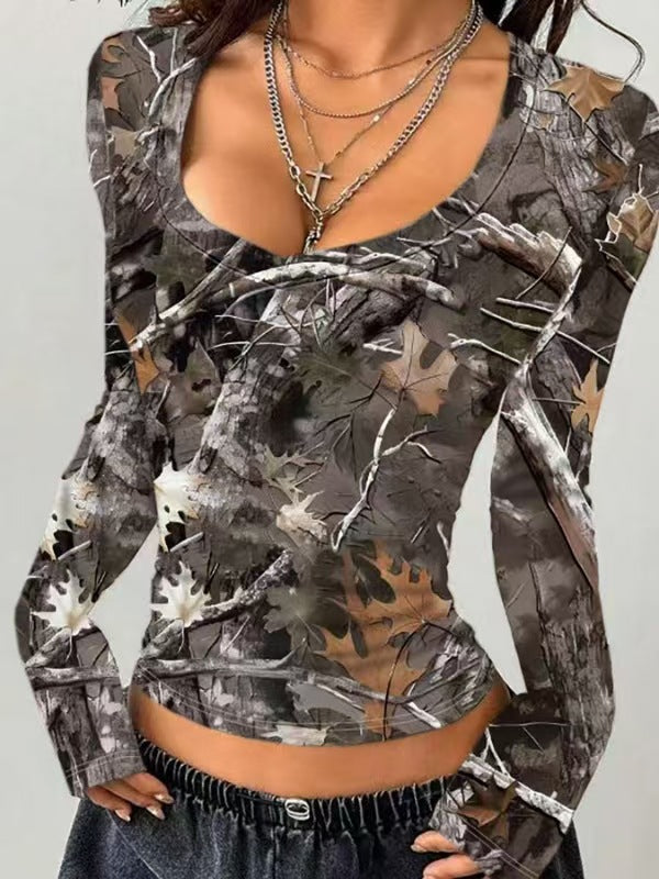 Damen Camouflage Langarmshirt mit V-Ausschnitt und modernen Details EB
