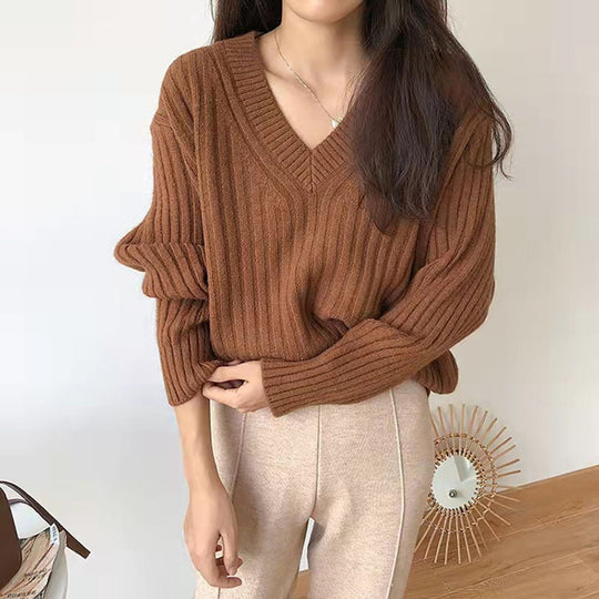 Damen Viskose-Strickpullover mit V-Ausschnitt und geripptem Design EB