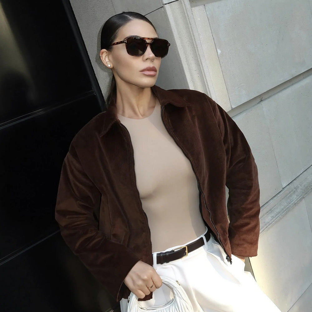 Damen Modische Cordjacke mit lässigem Schnitt und geradem Kragen EB