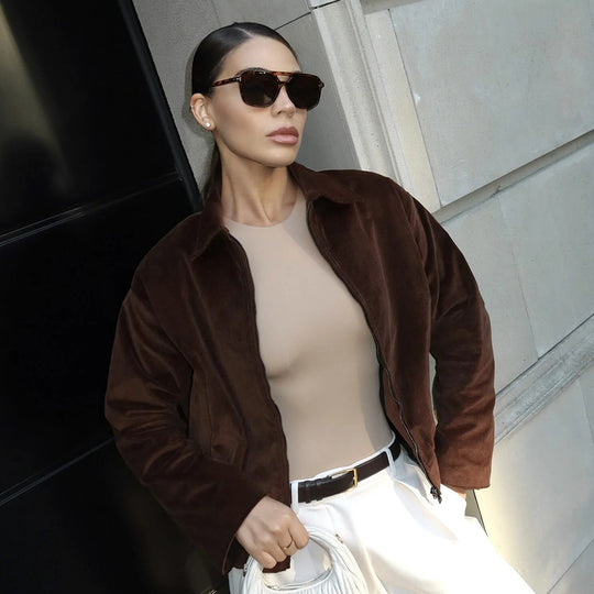 Damen Modische Cordjacke mit lässigem Schnitt und geradem Kragen EB