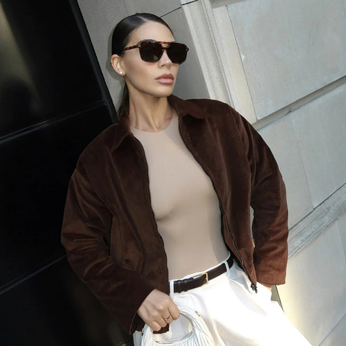 Damen Modische Cordjacke mit lässigem Schnitt und geradem Kragen EB