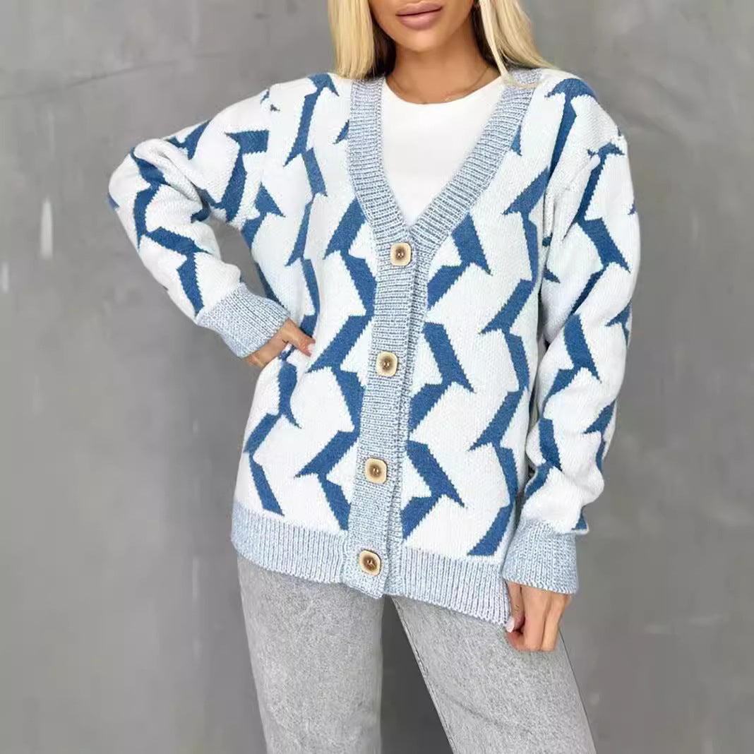 Damen gemütlicher Strickcardigan mit modernem Blitze-Design und Knopfverschluss EB