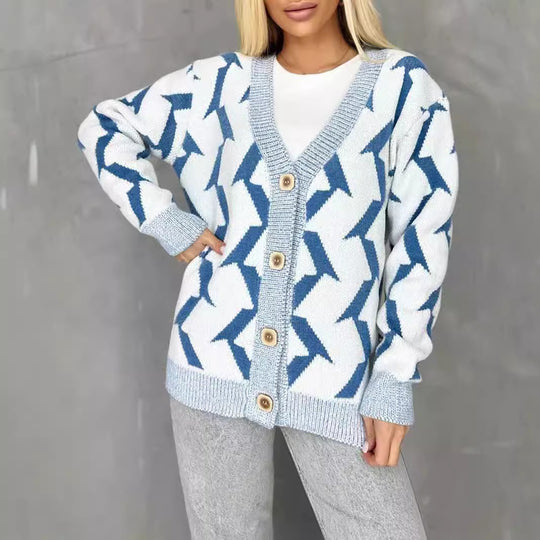 Damen gemütlicher Strickcardigan mit modernem Blitze-Design und Knopfverschluss EB
